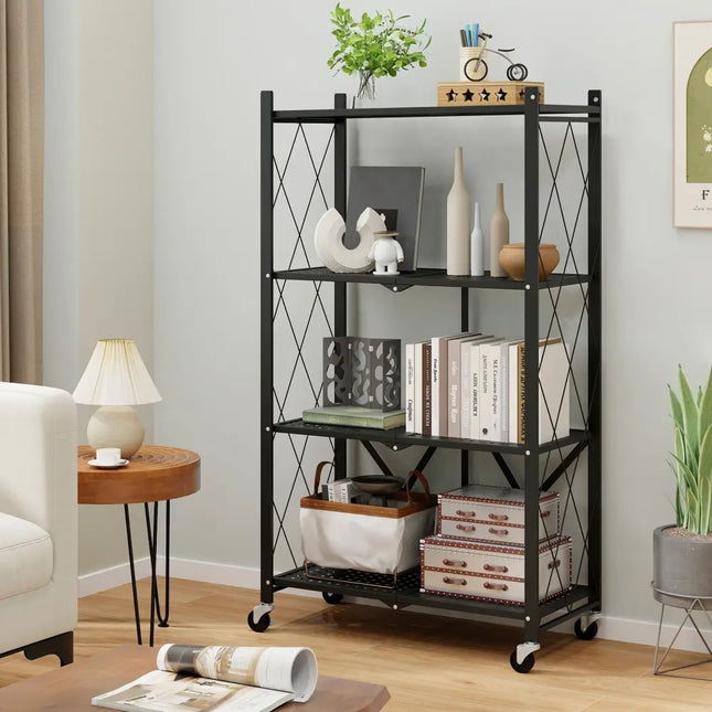 4-Tier Foldable Storage Shelf Collapsible Storage Rack with Lockable Wheels-Black Costway