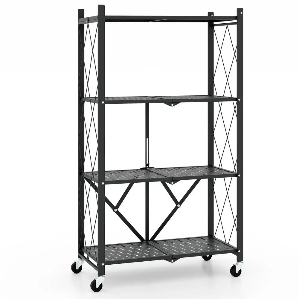 4-Tier Foldable Storage Shelf Collapsible Storage Rack with Lockable Wheels-Black - Black - Bookcases