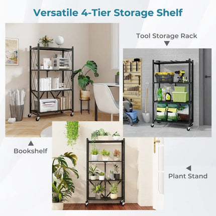 4-Tier Foldable Storage Shelf Collapsible Storage Rack with Lockable Wheels-Black Costway