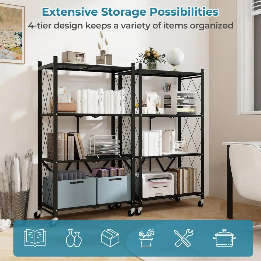 4-Tier Foldable Storage Shelf Collapsible Storage Rack with Lockable Wheels-Black - Black - Bookcases