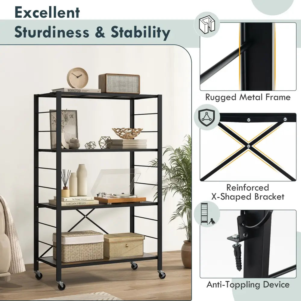 4-tier Foldable Storage Shelf for Tool Room Kitchen Living Room-Black - Black - Baker’s Racks