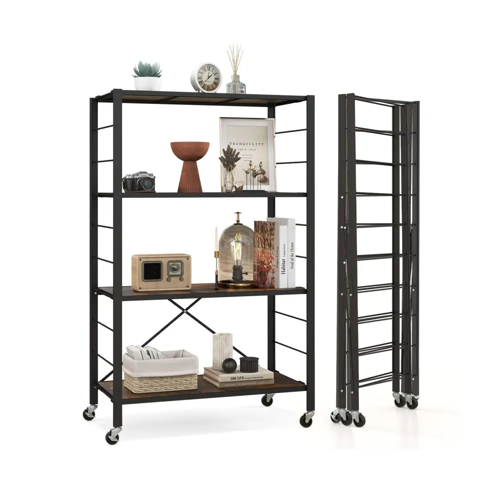 4-tier Foldable Storage Shelf for Tool Room Kitchen Living Room-Black - Black - Baker’s Racks