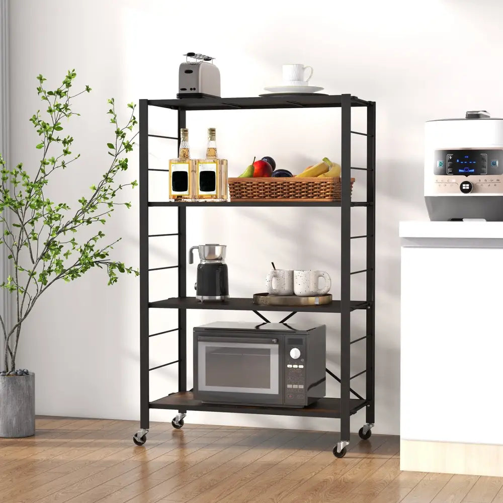4-tier Foldable Storage Shelf for Tool Room Kitchen Living Room-Black - Black - Baker’s Racks
