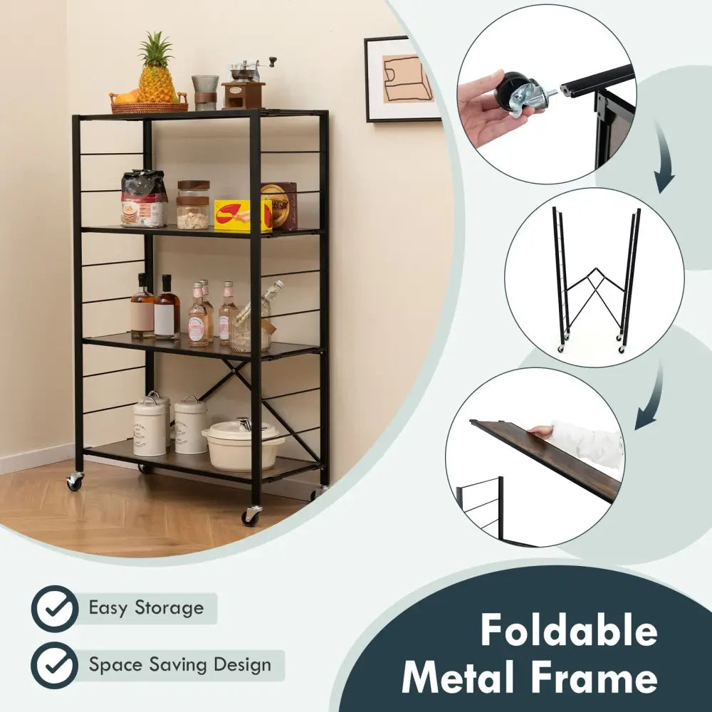 4-tier Foldable Storage Shelf for Tool Room Kitchen Living Room-Black - Black - Baker’s Racks