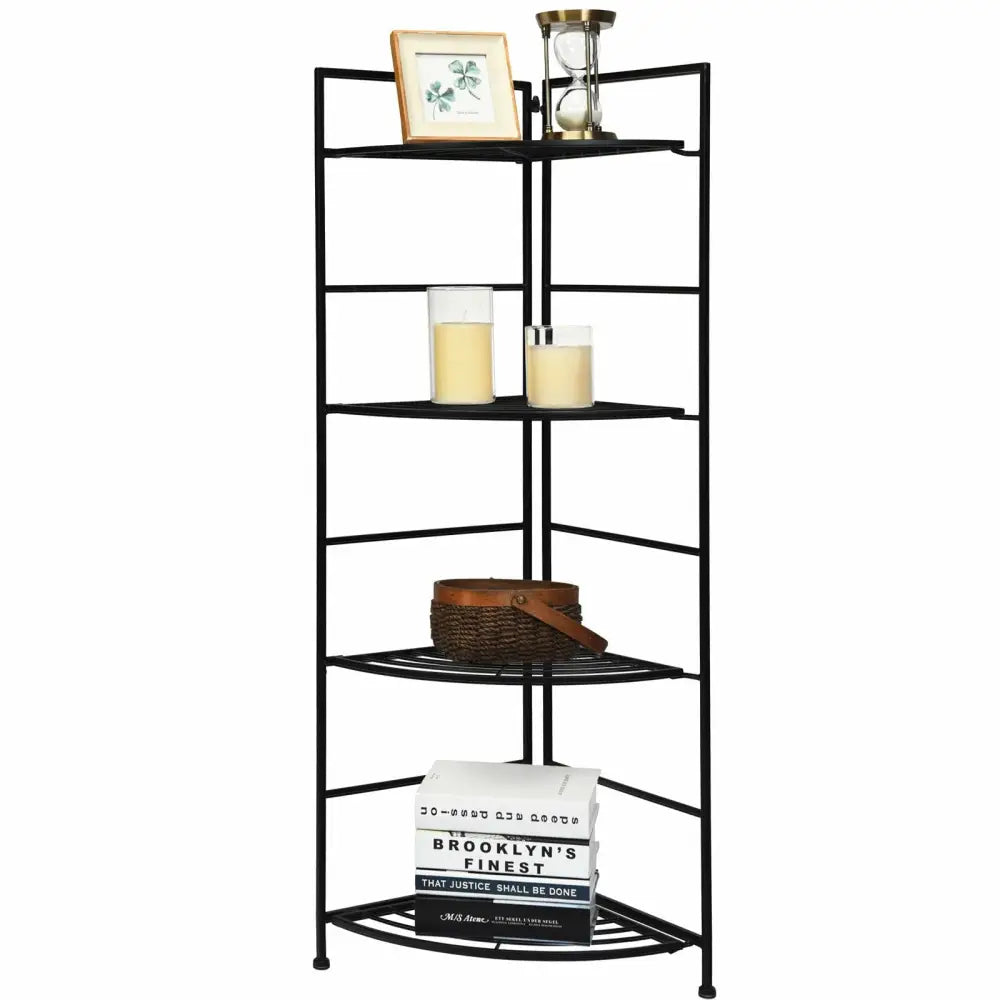 4 Tier Folding Metal Shelf Plant Stand Storage Open Shelf Corner Display Rack - Black - Plant Stands