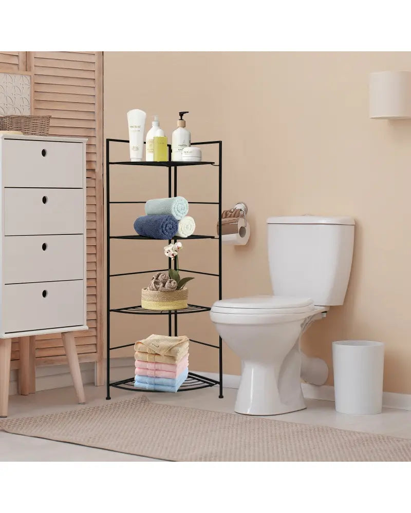 4 Tier Folding Metal Shelf Plant Stand Storage Open Shelf Corner Display Rack - Black - Plant Stands