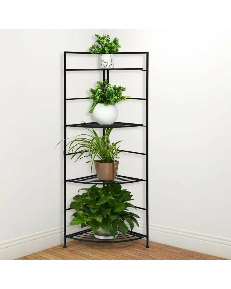 4 Tier Folding Metal Shelf Plant Stand Storage Open Shelf Corner Display Rack - Black - Plant Stands