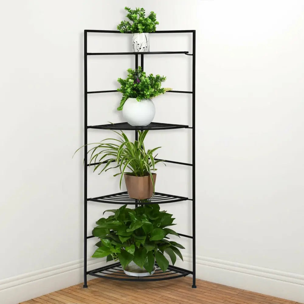 4 Tier Folding Metal Shelf Plant Stand Storage Open Shelf Corner Display Rack - Black - Plant Stands