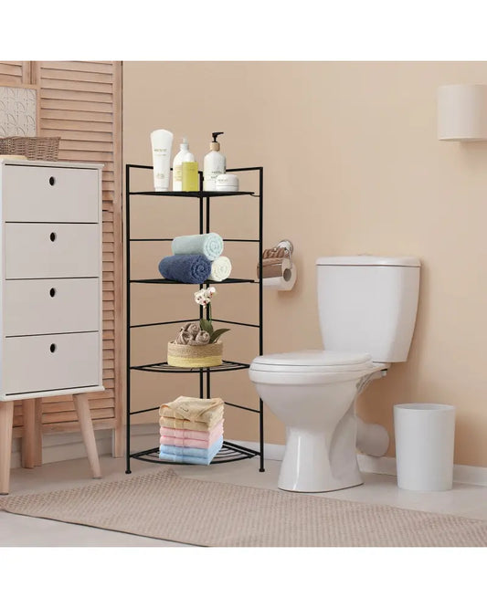 4 Tier Folding Metal Shelf Plant Stand Storage Open Shelf Corner Display Rack - Black - Plant Stands