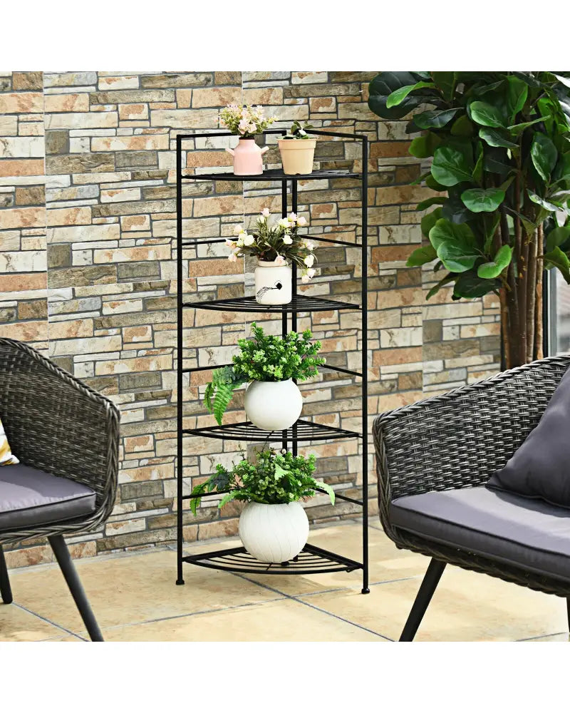 4 Tier Folding Metal Shelf Plant Stand Storage Open Shelf Corner Display Rack - Black - Plant Stands