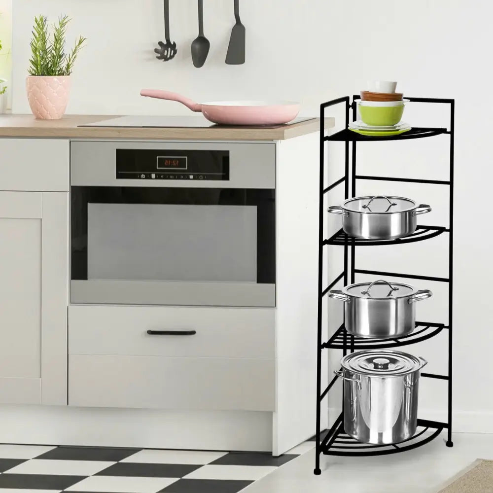 4 Tier Folding Metal Shelf Plant Stand Storage Open Shelf Corner Display Rack - Black - Plant Stands