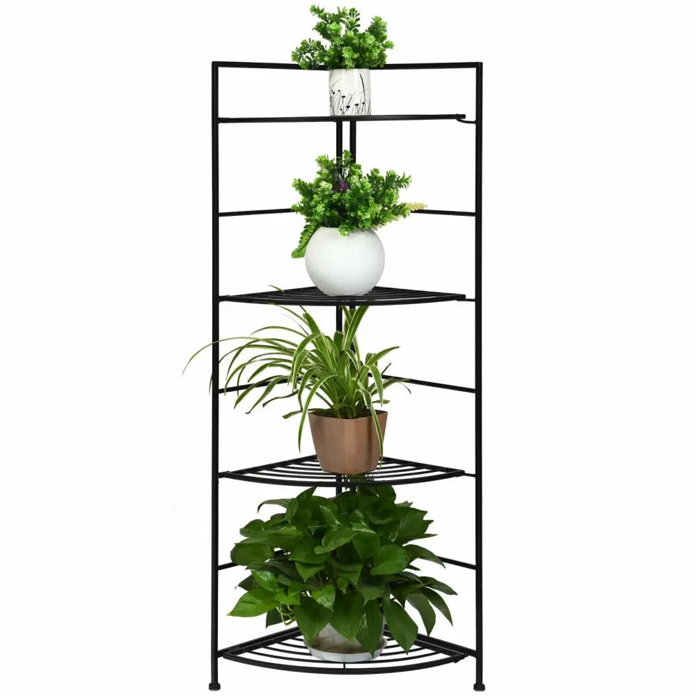4 Tier Folding Metal Shelf Plant Stand Storage Open Shelf Corner Display Rack - Black - Plant Stands