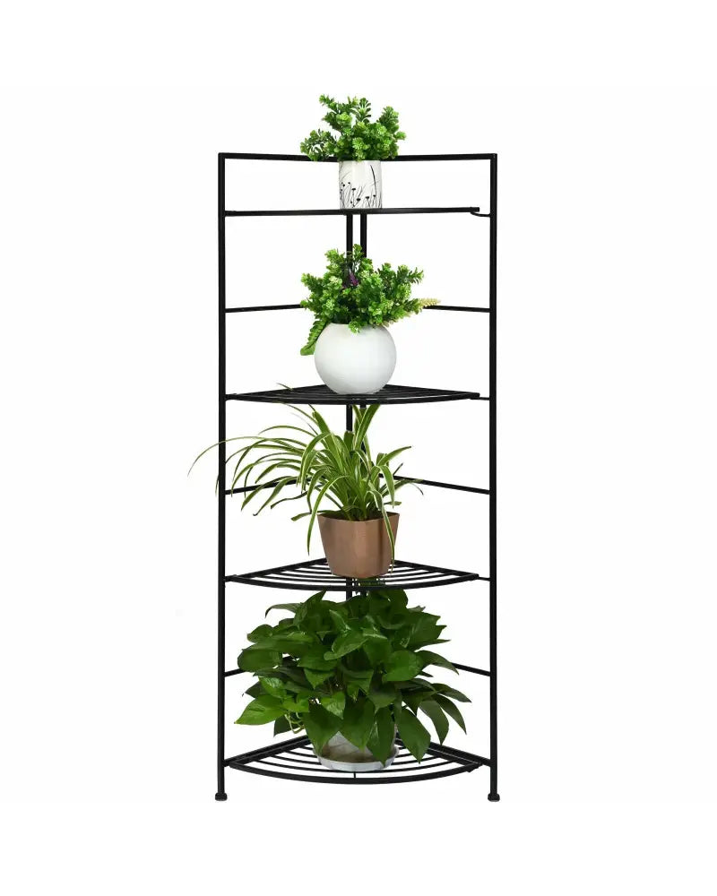 4 Tier Folding Metal Shelf Plant Stand Storage Open Shelf Corner Display Rack - Black - Plant Stands