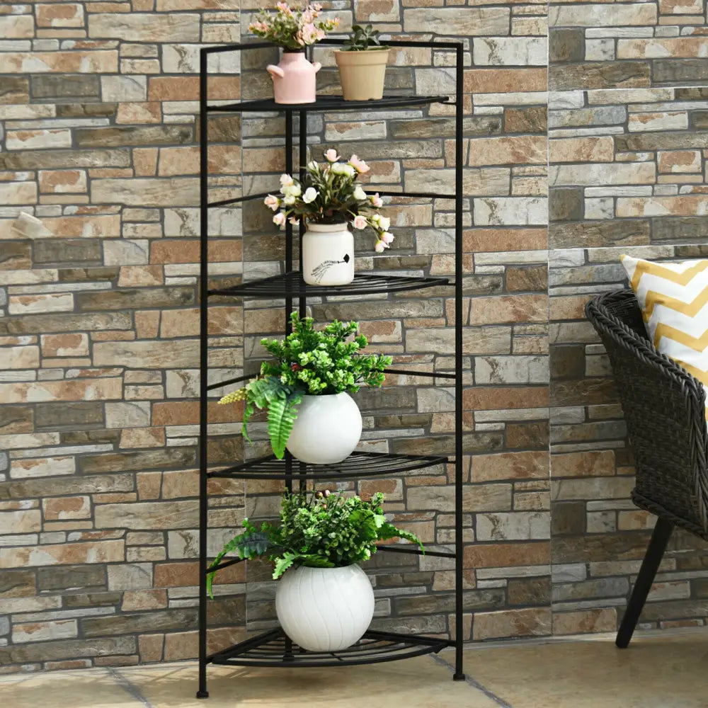 4 Tier Folding Metal Shelf Plant Stand Storage Open Shelf Corner Display Rack - Black - Plant Stands