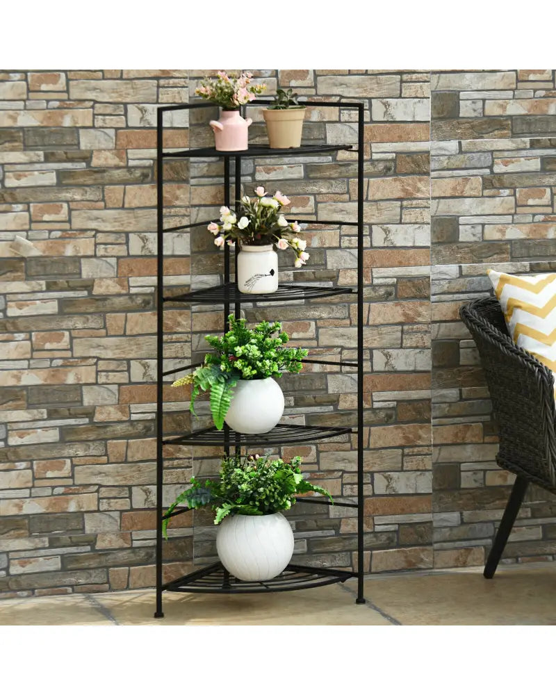 4 Tier Folding Metal Shelf Plant Stand Storage Open Shelf Corner Display Rack - Black - Plant Stands