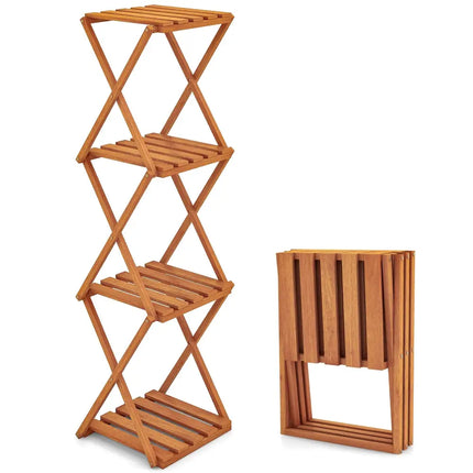 4-Tier Folding Plant Rack and Free Standing Shoe Rack - Natural - Plant Stands