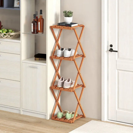 4-Tier Folding Plant Rack and Free Standing Shoe Rack - Natural - Plant Stands