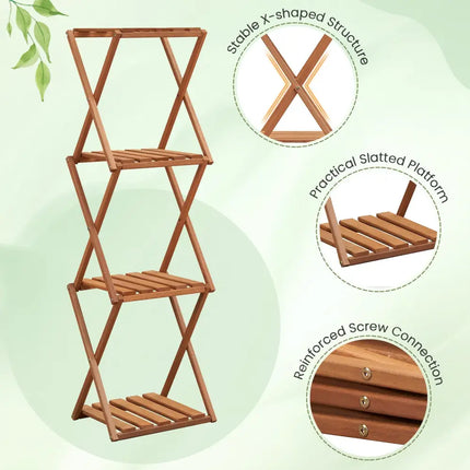 4-Tier Folding Plant Rack and Free Standing Shoe Rack - Natural - Plant Stands
