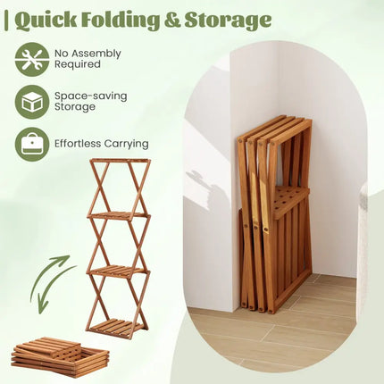 4-Tier Folding Plant Rack and Free Standing Shoe Rack - Natural - Plant Stands