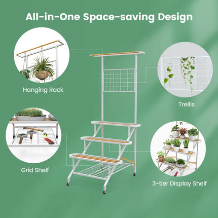 4-Tier Hanging Plant Stand with Hanging Bar - White - Plant Stands