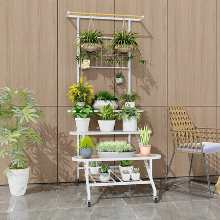 4-Tier Hanging Plant Stand with Hanging Bar - White - Plant Stands