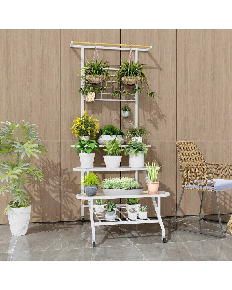 4-Tier Hanging Plant Stand with Hanging Bar - White - Plant Stands