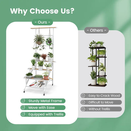 4-Tier Hanging Plant Stand with Hanging Bar - White - Plant Stands