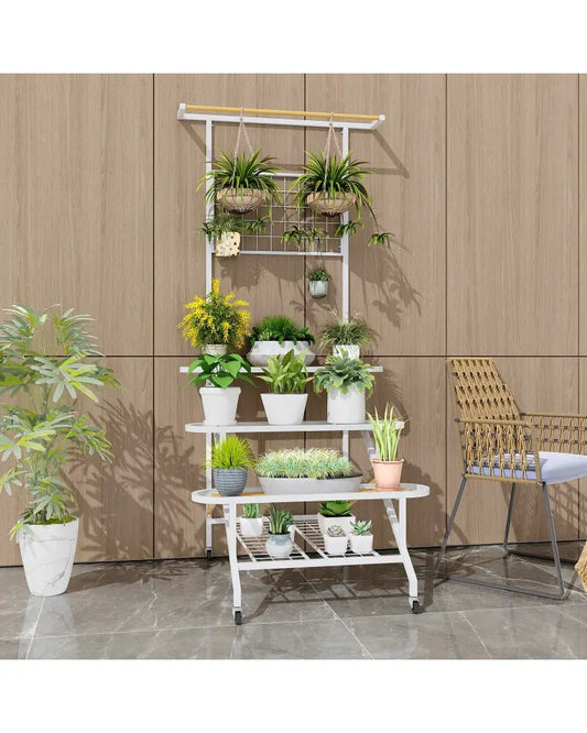 4-Tier Hanging Plant Stand with Hanging Bar - White - Plant Stands
