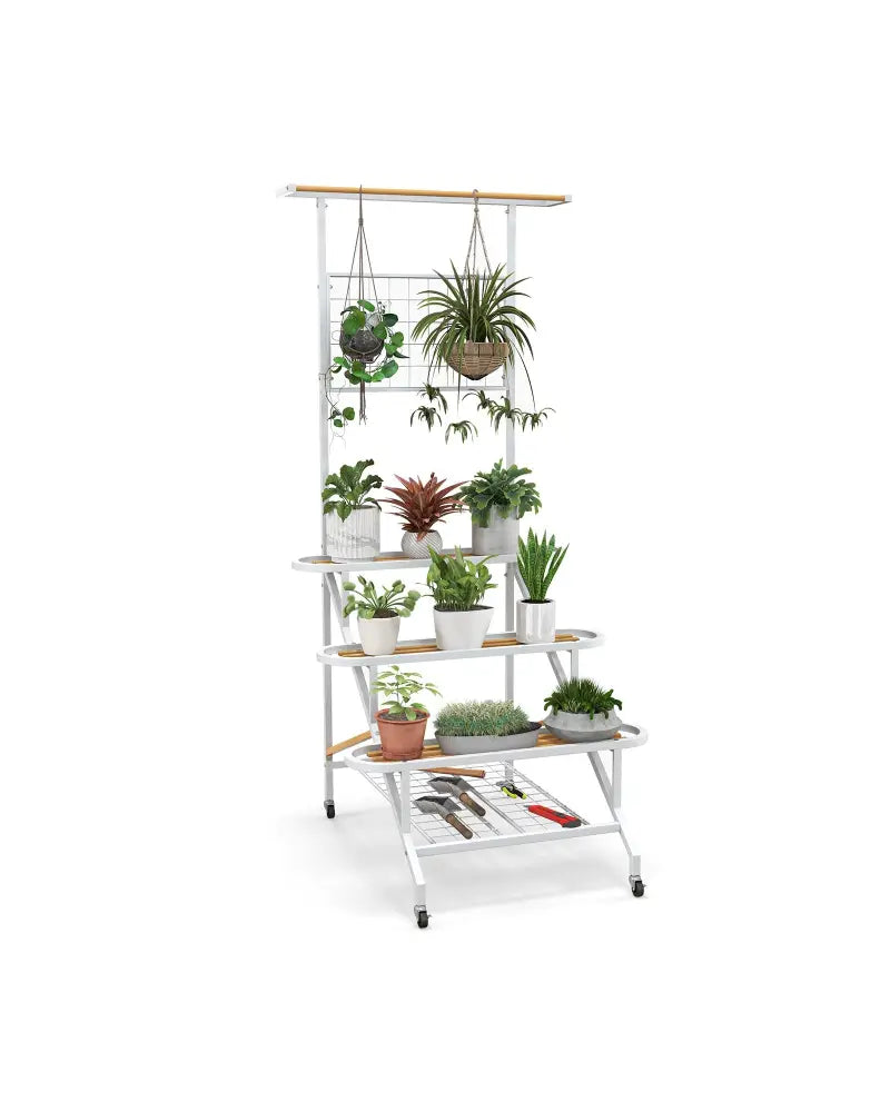4-Tier Hanging Plant Stand with Hanging Bar - White - Plant Stands