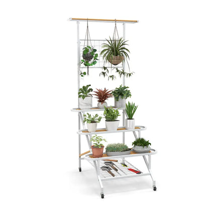 4-Tier Hanging Plant Stand with Hanging Bar - White - Plant Stands