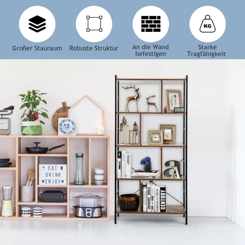 4-Tier Industrial Bookshelf Floor Standing Storage Rack Large Storage - Brown - Bookcases