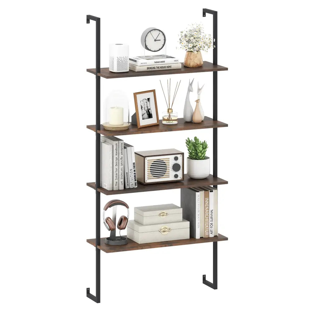 4-Tier Industrial Ladder Bookshelf with Metal Frame-Coffee - Brown - Bookcases