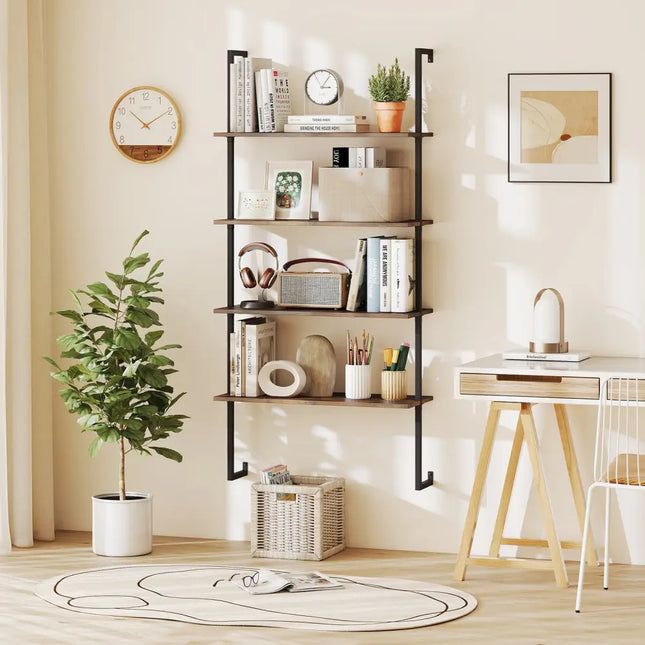4-Tier Industrial Ladder Bookshelf with Metal Frame-Coffee Costway