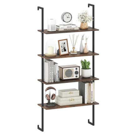 4-Tier Industrial Ladder Bookshelf with Metal Frame-Coffee Costway