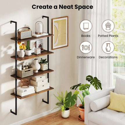 4-Tier Industrial Ladder Bookshelf with Metal Frame-Coffee Costway