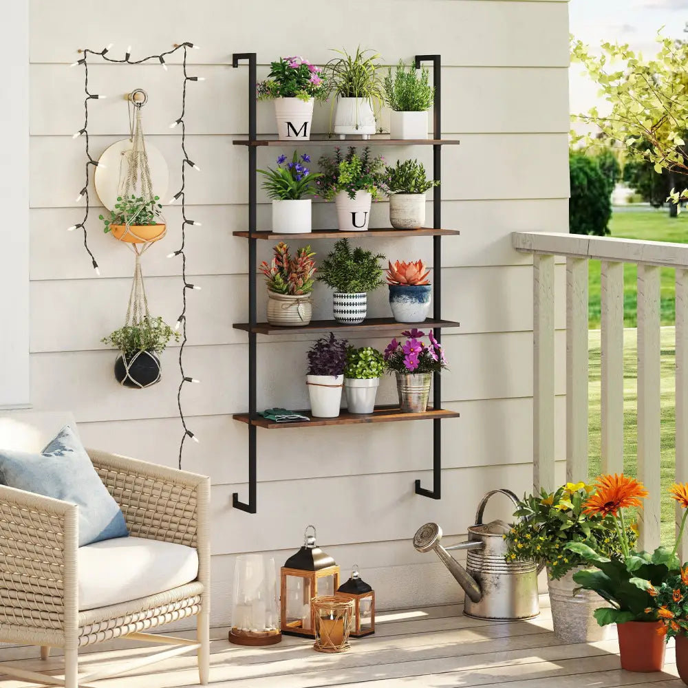 4-Tier Industrial Ladder Bookshelf with Metal Frame-Coffee - Brown - Bookcases