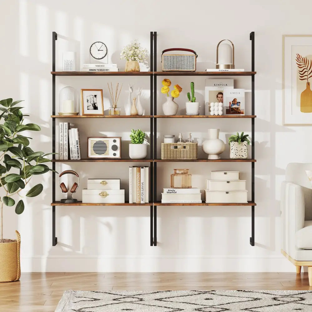 4-Tier Industrial Ladder Bookshelf with Metal Frame-Coffee - Brown - Bookcases