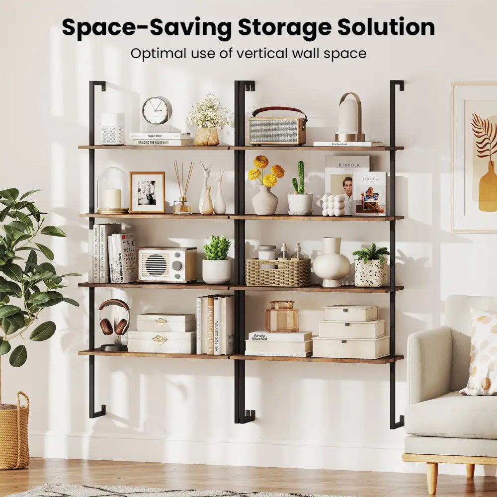 4-Tier Industrial Ladder Bookshelf with Metal Frame-Coffee - Brown - Bookcases