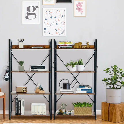 4 -Tier Industrial Open Storage Bookshelf-Rustic Brown Costway