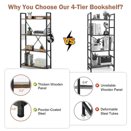 4 -Tier Industrial Open Storage Bookshelf-Rustic Brown Costway