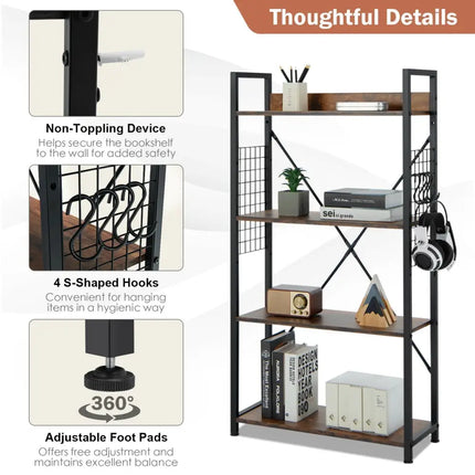 4 -Tier Industrial Open Storage Bookshelf-Rustic Brown Costway