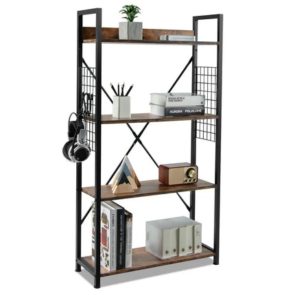4 -Tier Industrial Open Storage Bookshelf-Rustic Brown Costway