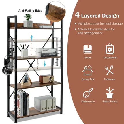 4 -Tier Industrial Open Storage Bookshelf-Rustic Brown Costway