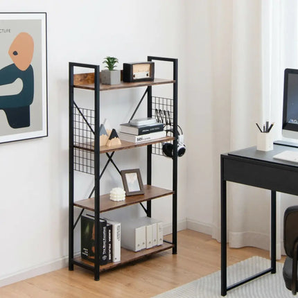 4 -Tier Industrial Open Storage Bookshelf-Rustic Brown Costway