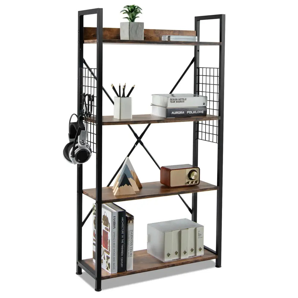 4 -Tier Industrial Open Storage Bookshelf-Rustic Brown - Dark Brown - Bookcases