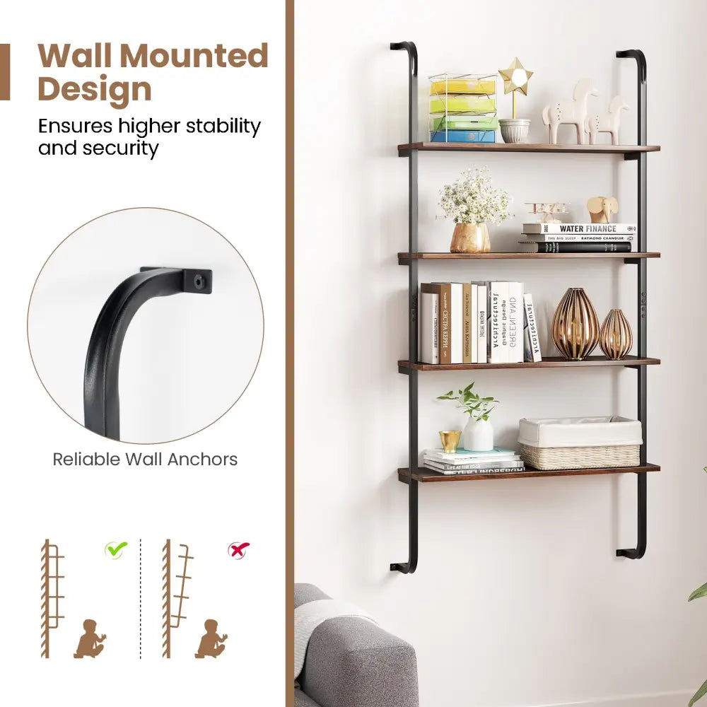 4-Tier Industrial Pipe Shelving with Metal Frame for Living Room Kitchen-Rustic Brown - Rustic Brown - Bookcases