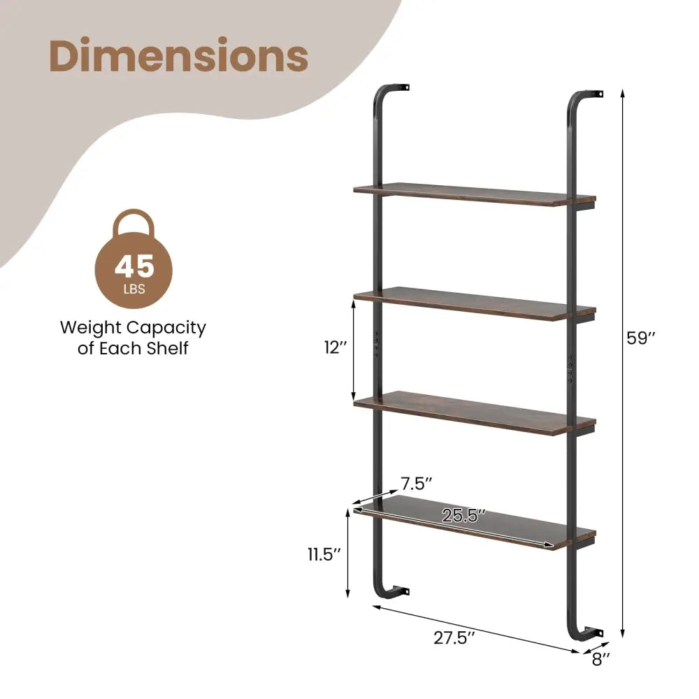 4-Tier Industrial Pipe Shelving with Metal Frame for Living Room Kitchen-Rustic Brown - Rustic Brown - Bookcases