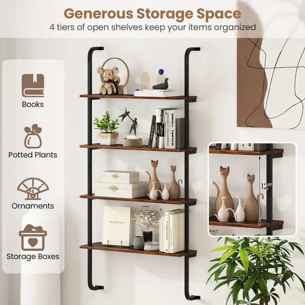 4-Tier Industrial Pipe Shelving with Metal Frame for Living Room Kitchen-Rustic Brown - Rustic Brown - Bookcases