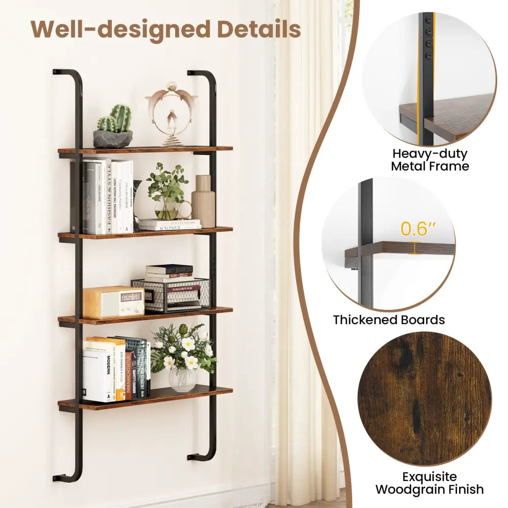 4-Tier Industrial Pipe Shelving with Metal Frame for Living Room Kitchen-Rustic Brown - Rustic Brown - Bookcases