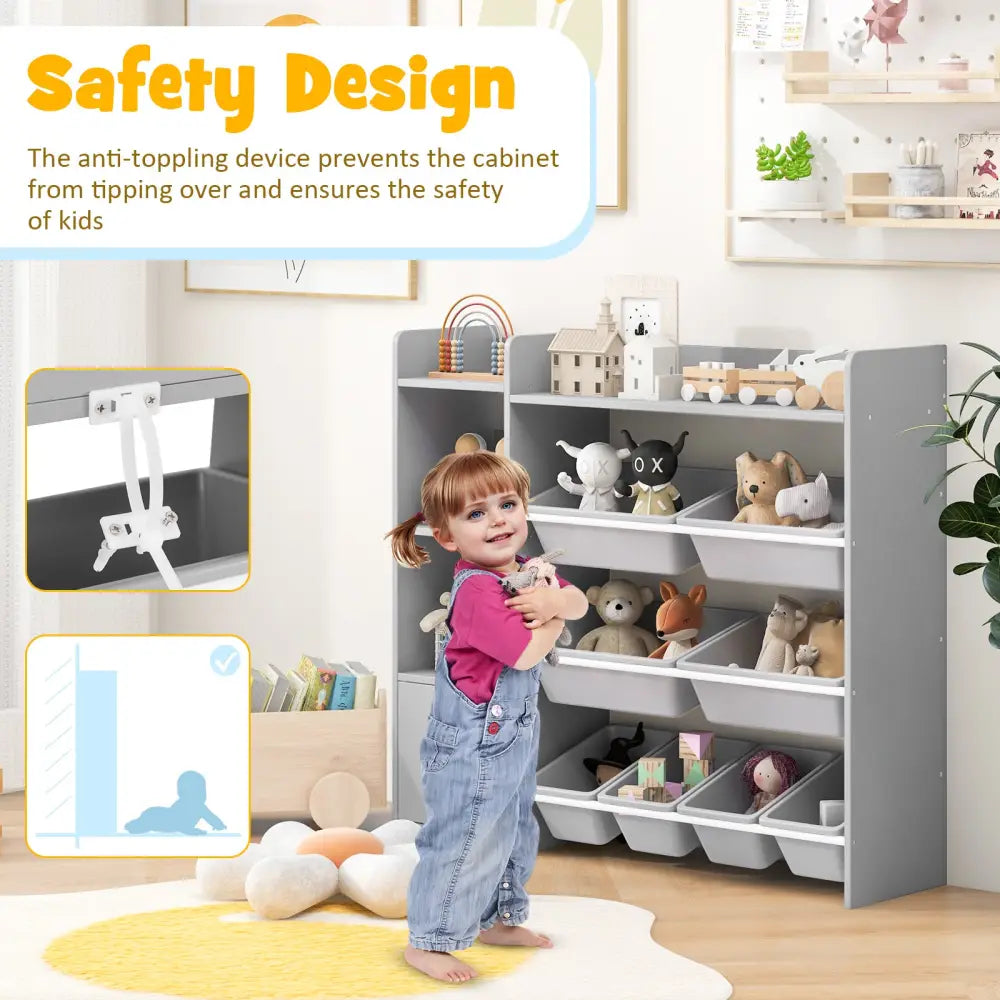 4-Tier Kids Bookshelf and Toy Storage Rack with 8 Toy Organizer Bins-Grey - Gray - Kids Storage